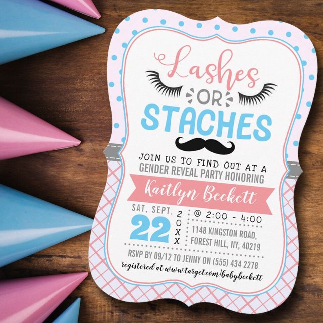 "Lashes Or Staches" Modern Gender Reveal Party Invitation (Creator Uploaded)