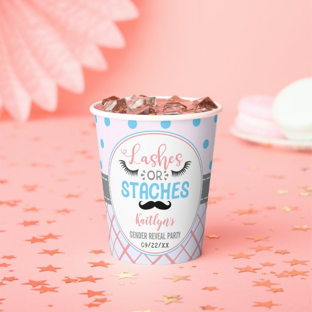 "Lashes Or Staches" Modern Gender Reveal Party Paper Cups (Insitu)