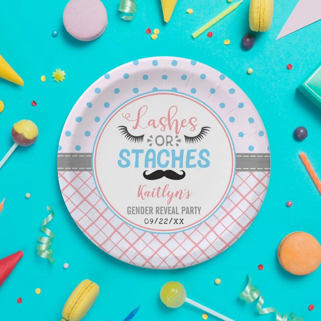 "Lashes Or Staches" Modern Gender Reveal Party Paper Plates (Creator Uploaded)