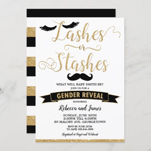 Lashes or Stashes Gender Reveal Baby Shower Gold Invitation