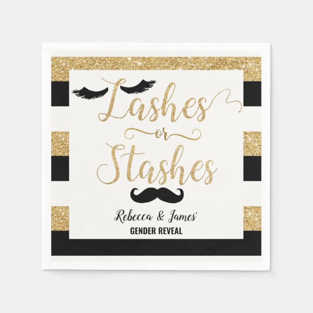 Lashes or Stashes Gender Reveal Baby Shower Gold Napkins (Front)