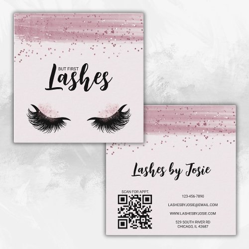 Lashes Pink Glitter Modern QR Code  Square Business Card
