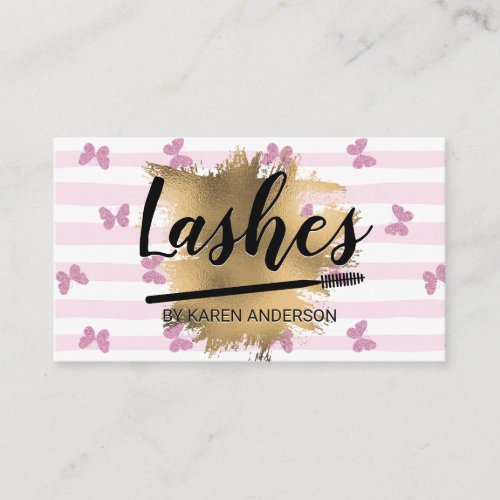 Lashes  Pink Stripes and Butterflies  Gold Foil Appointment Card