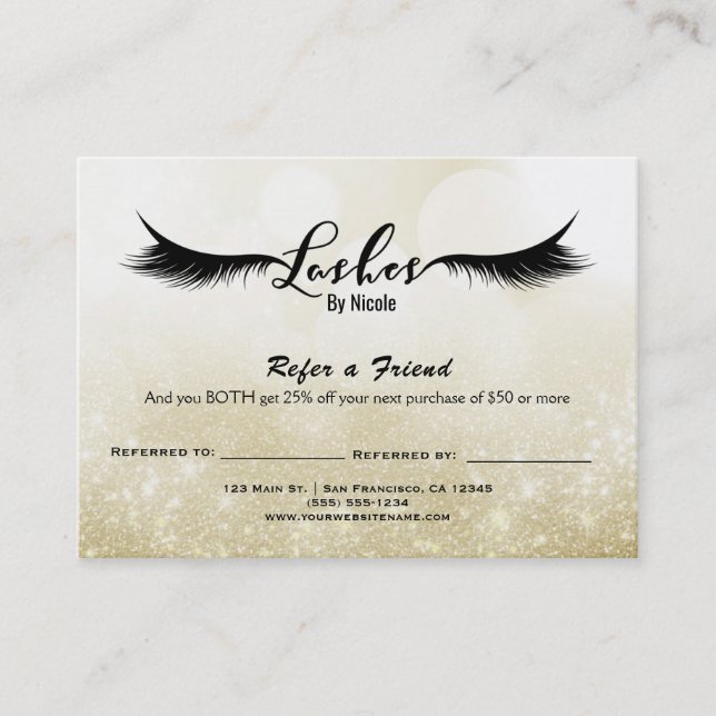 Lashes Refer a Friend Aftercare Instructions Gold Referral Card (Front)