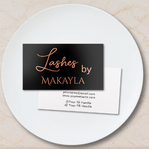 Lashes Rose Gold Script Foil Black Business Card