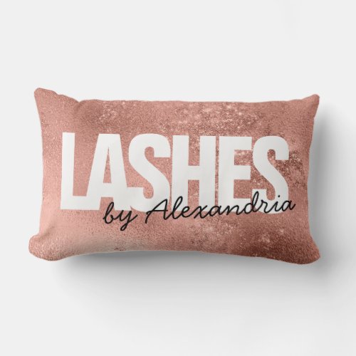 Lashes Rose Gold Sparkle Script Name Beauty Salon Lumbar Pillow