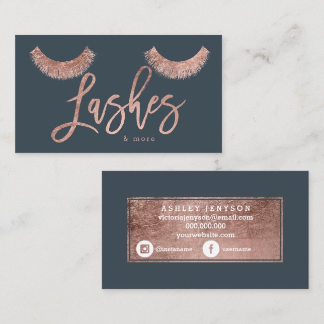 lashes rose gold typography charcoal media business card (Front/Back)