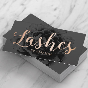 Lashes Rose Gold Typography Elegant Black Floral Business Card by cardfactory at Zazzle