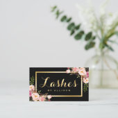 Lashes Script Modern Makeup Black Gold Floral Business Card (Standing Front)