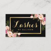 Lashes Script Modern Makeup Black Gold Floral Business Card (Front)