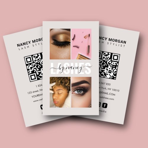 Lashes Script Photo Collage Qr Code Beige Business Card