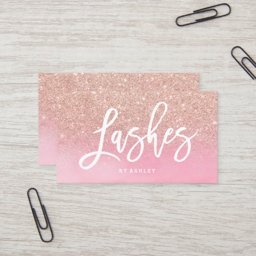 Lashes script rose gold glitter pink watercolor business card