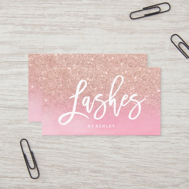 Lashes script rose gold glitter pink watercolor business card (Front/Back In Situ)