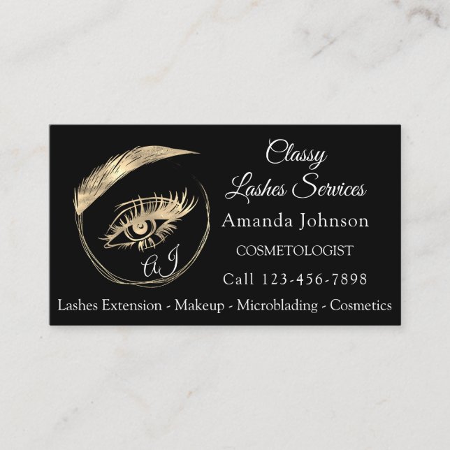 Lashes Studio Logo Custom Qr Code Black Gold Business Card (Front)
