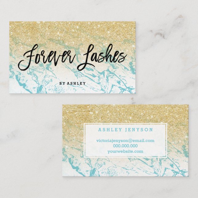 Lashes typography gold glitter marble business card (Front/Back)