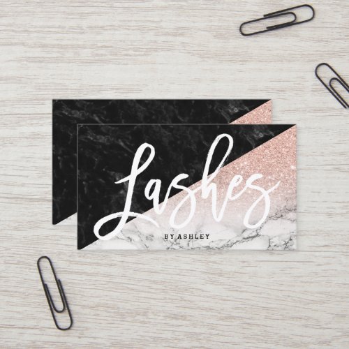 Lashes typography rose gold glitter block marble business card