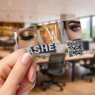 Lashes Typography Script 3 Photo Grid QR Code Clear Business Cards