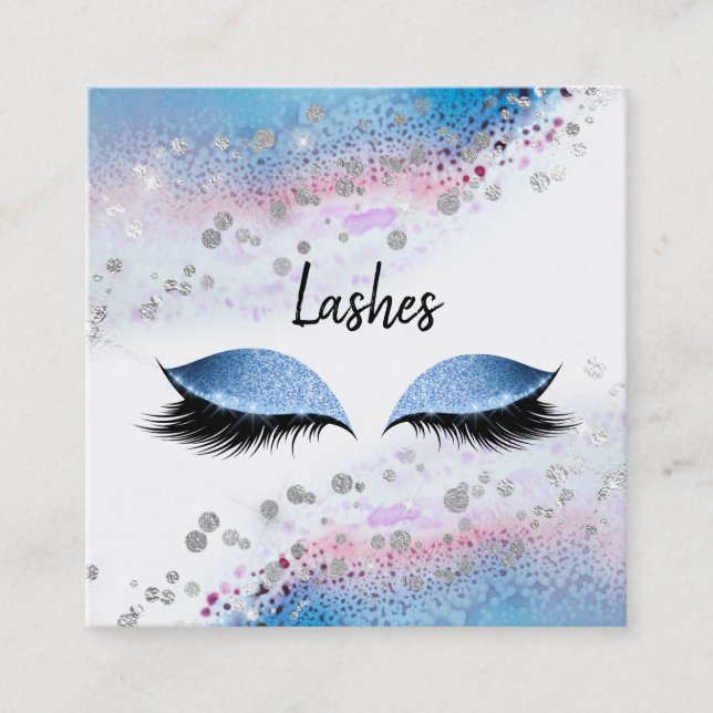 *~* LASHES Watercolor Abstract Pastel Glitter Blue Square Business Card (Front)