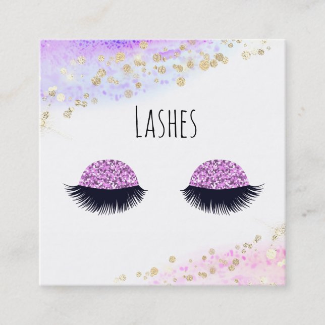 *~* LASHES Watercolor Abstract Pastel Pink Glitter Square Business Card (Front)