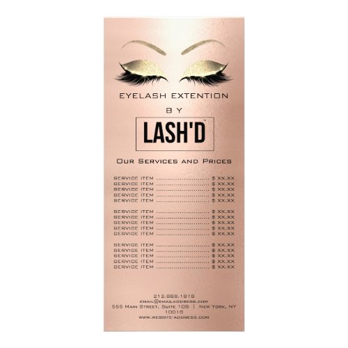 LashesD Price List Extension Gold Blush LOGO Rack Card