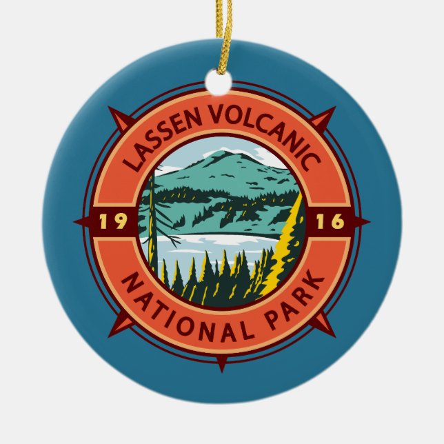 Lassen Volcanic National Park Retro Compass Emblem Ceramic Ornament (Front)
