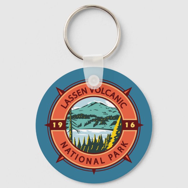 Lassen Volcanic National Park Retro Compass Emblem Keychain (Front)