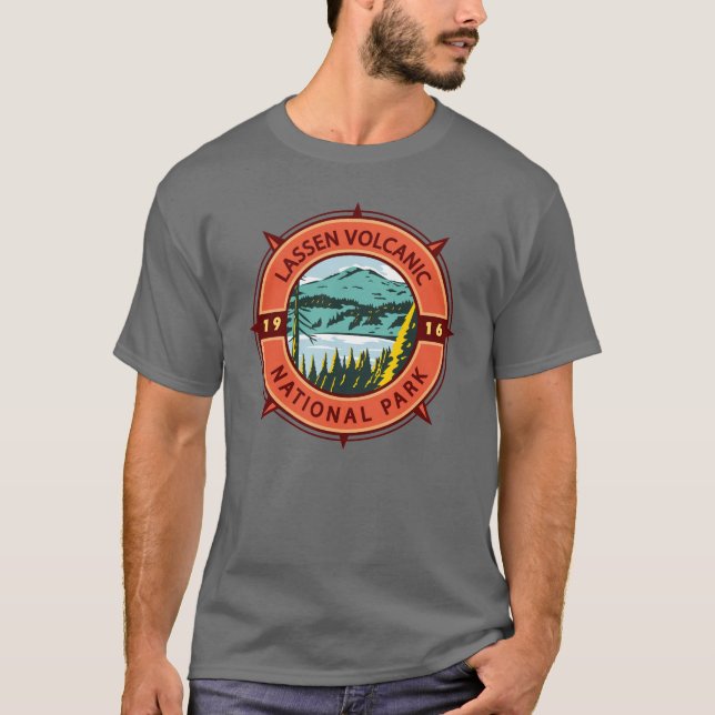 Lassen Volcanic National Park Retro Compass Emblem T-Shirt (Front)