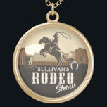 Lasso Roping Roundup ADD NAME Western Rodeo Show Gold Plated Necklace<br><div class="desc">Lasso Roping Roundup ADD NAME Western Rodeo Show - Cowboy and Cowgirl Roper Competition. Desert Plateau sunset featuring Cactus,  Horse and Rider,  Boots and Horseshoe. Customize withy our Name or Custom Text!</div>