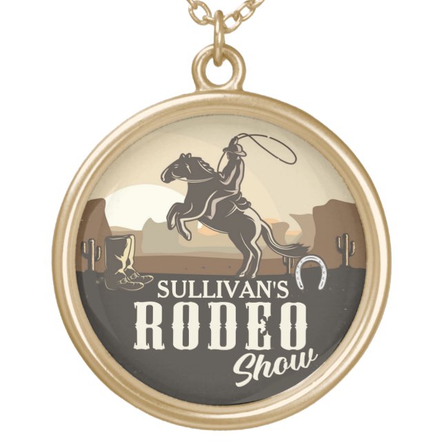 Lasso Roping Roundup ADD NAME Western Rodeo Show Gold Plated Necklace (Front)