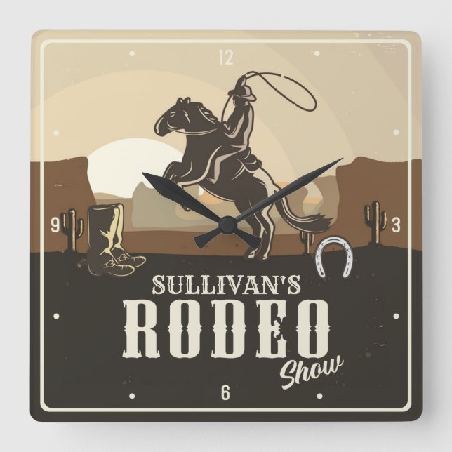 Lasso Roping Roundup ADD NAME Western Rodeo Show Square Wall Clock (Front)
