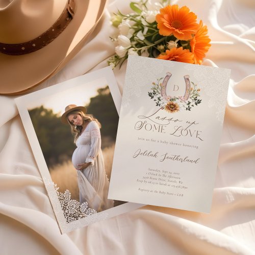 Lasso Up Some Love Floral Western Horseshoe Photo Invitation