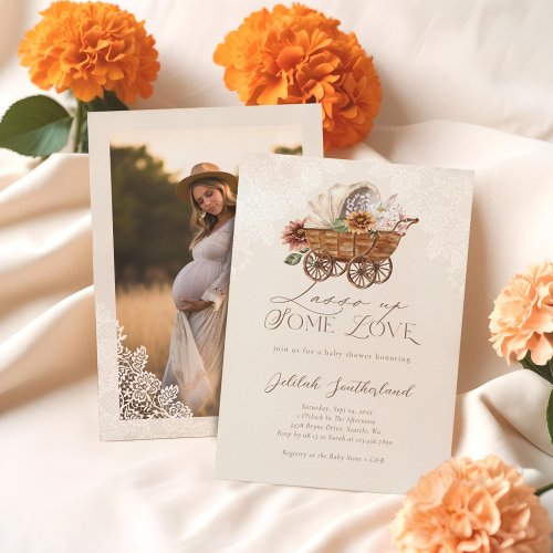 Lasso Up Some Love Floral Western Wagon Photo Invitation