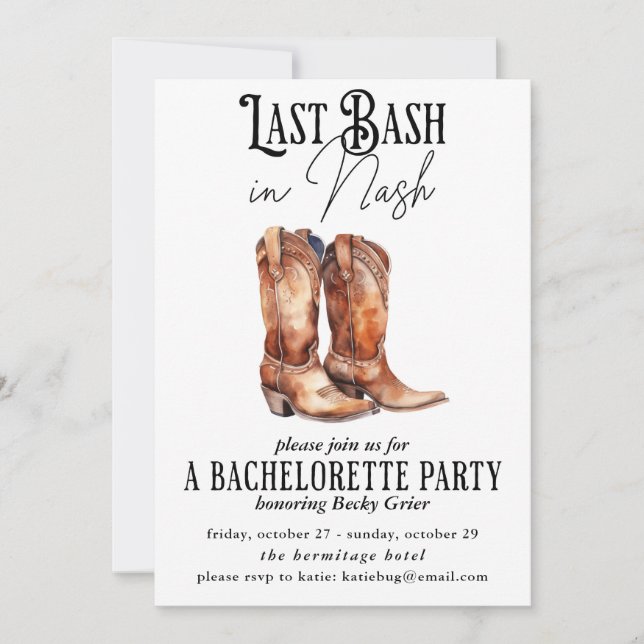 Last Bash in Nash Bachelorette Party Cowgirl Weste Invitation (Front)