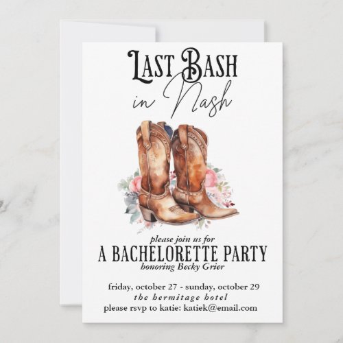 Last Bash in Nash Bachelorette Party Floral Invitation