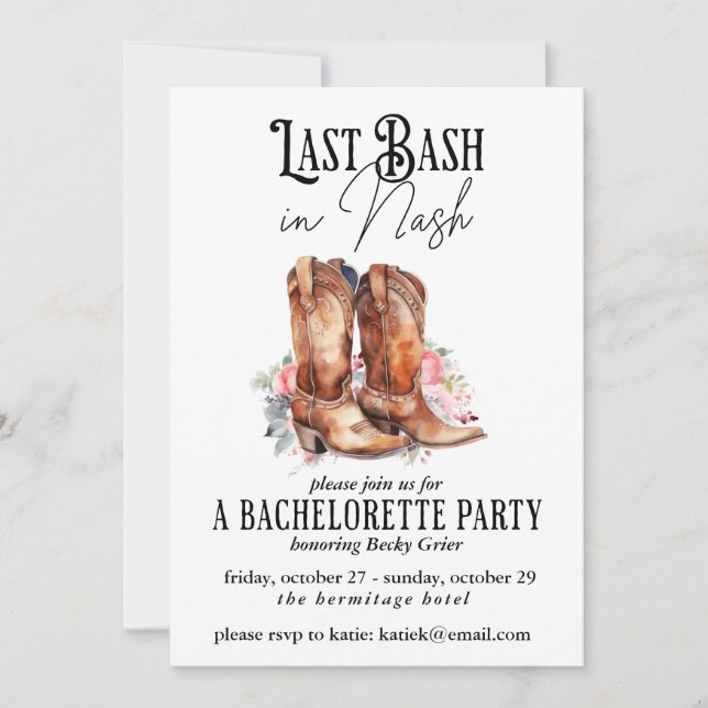 Last Bash in Nash Bachelorette Party Floral Invitation (Front)