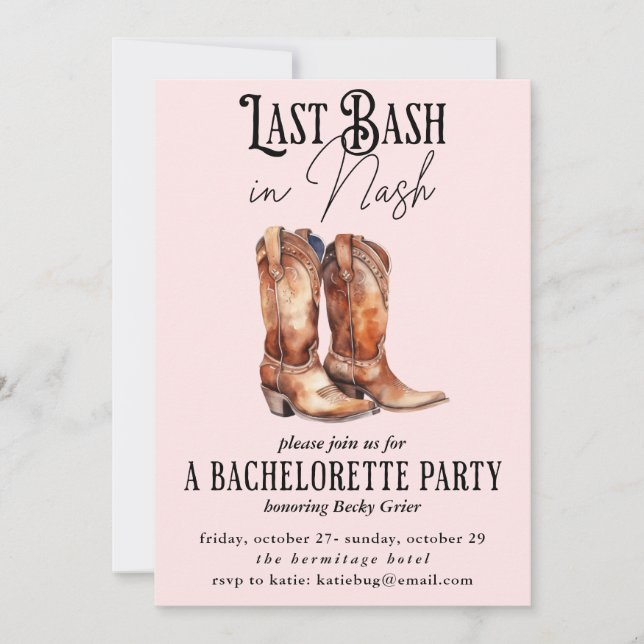 Last Bash in Nash Pink Cowgirl Bachelorette Party Invitation (Front)