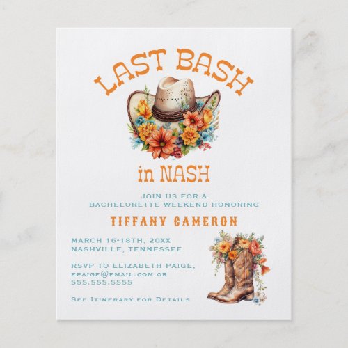 Last Bash Nash Cowgirl Bachelorette Party Budget Flyer
