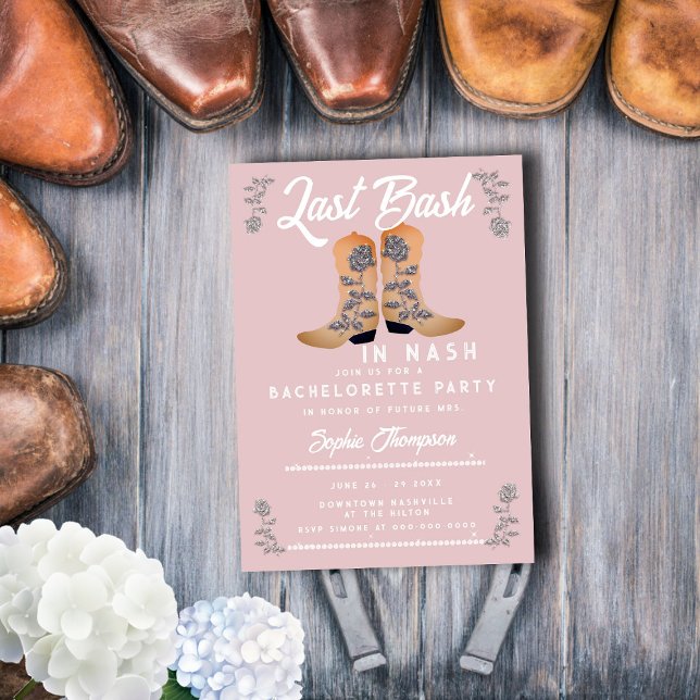 Last Bash Nash Cowgirl Boots Roses Bachelorette Invitation (Creator Uploaded)