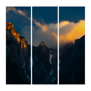 Last breath of sun shining on majestic mountains triptych
