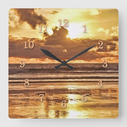 LAST CALL GOLDEN SUNSET SURFER SQUARE WALL CLOCK