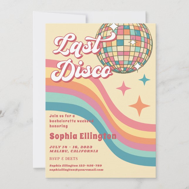 Last Disco 70's Retro Bachelorette Weekend Invitation (Front)