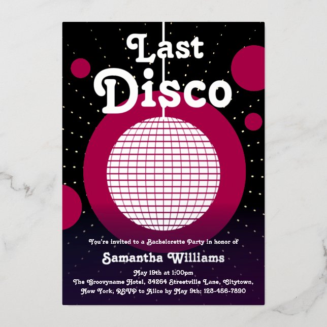 Last Disco Bachelorette Party Foil Invitation (Front)