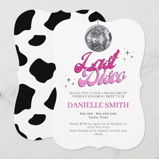 Last Disco Bachelorette Party Theme Cow print  Invitation (Front/Back)