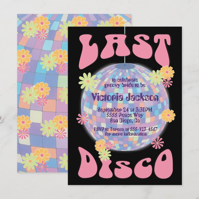 Last Disco Ball Bachelorette Party 1970's Invitati Invitation (Front/Back)