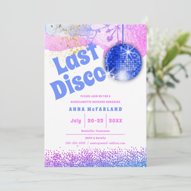Last Disco Glam Retro Blue Pink Bachelorette Invitation (Standing Front)
