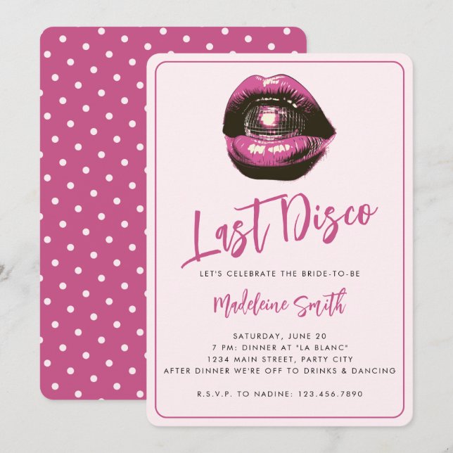 Last Disco Hot Pink Sassy Fun Bachelorette Party Invitation (Front/Back)