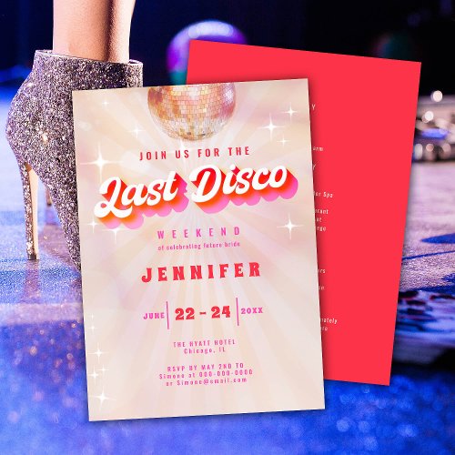 Last Disco Pink Red Retro Bachelorette Weekend Invitation