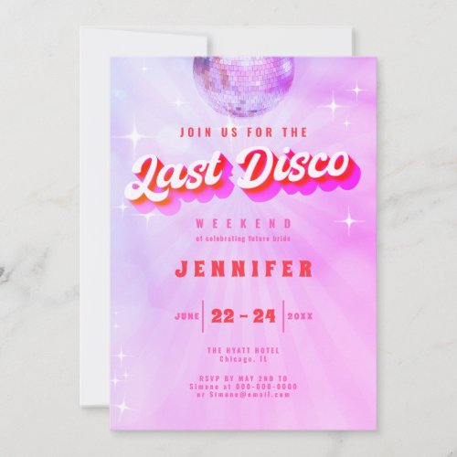 Last Disco Purple Retro Bachelorette Weekend Invitation