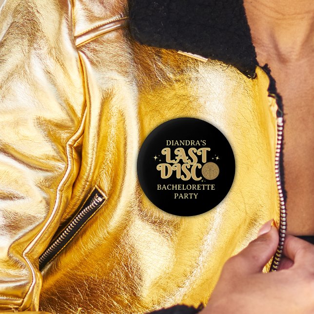 Last Disco Retro Black and Gold 70s Bachelorette  Button (last disco golden retro bachelorette party button)