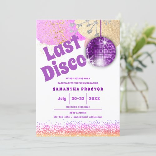 Last Disco Retro Glam Purple Gold Bachelorette Invitation
